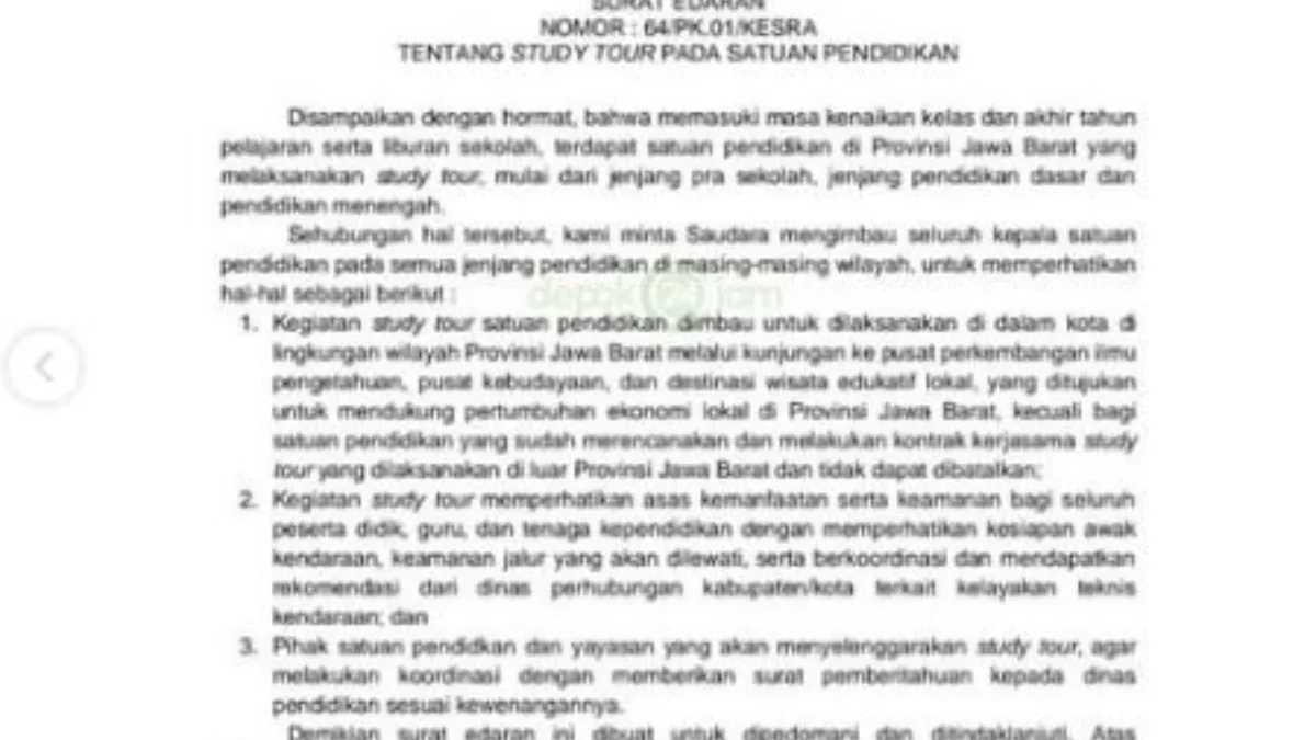 Isi Surat Edaran Study Tour Gubernur Jawa Barat, Peringatkan Pihak Sekolah Perhatikan Tiga Aspek Ini...